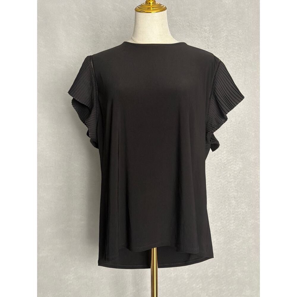 Anne Klein Pleated Sleeve Top Jewel Neck in Black Women's XL NEW